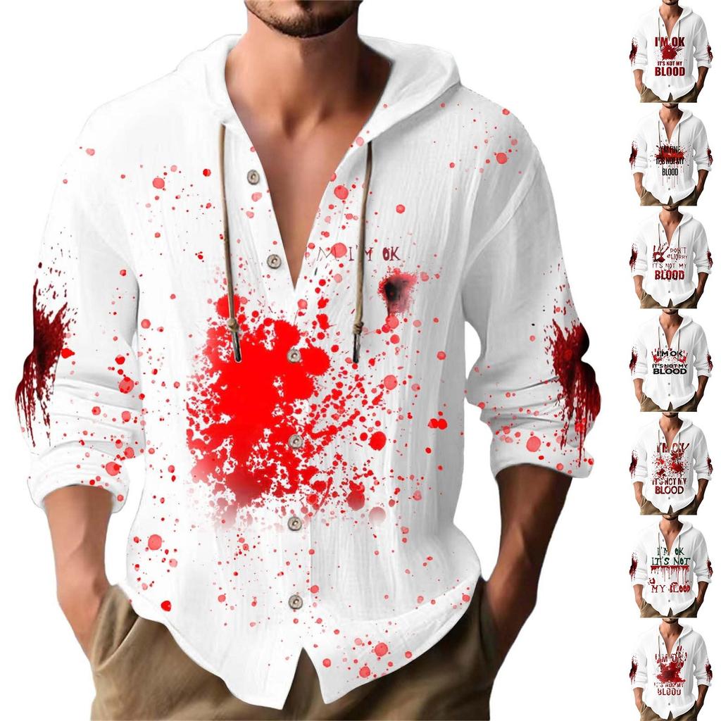 Halloween Printed Men's Shirt, Hooded Long-sleeved Hooded Jacket