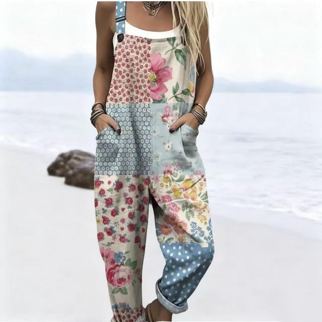Women's Sleeveless Mid Rise 3D Digital Print Loose Casual Overalls Jumpsuit For Summer