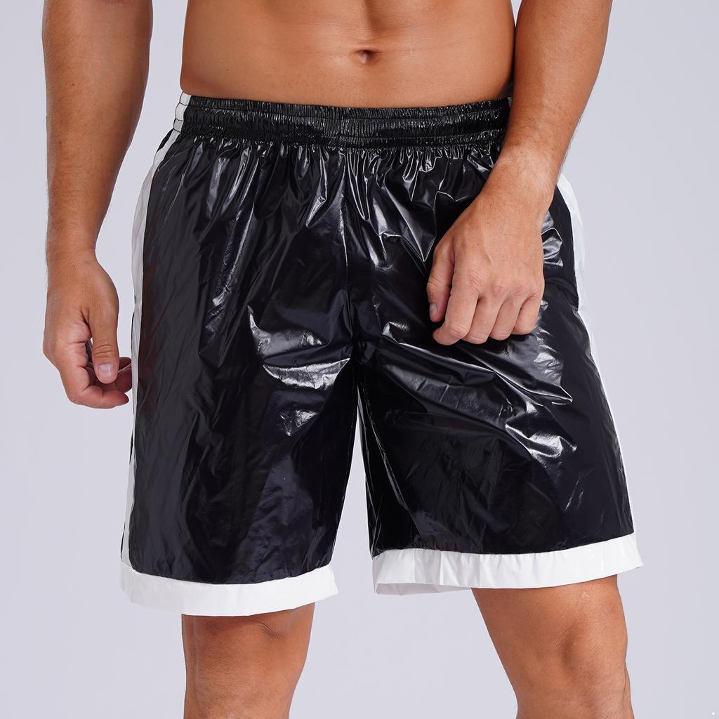 Mens Wet Look Boxer Shorts Drawstring Elastic Waist Pockets Waterproof Beach Shorts Swimming Trunks Loose Fit Short Pants Club
