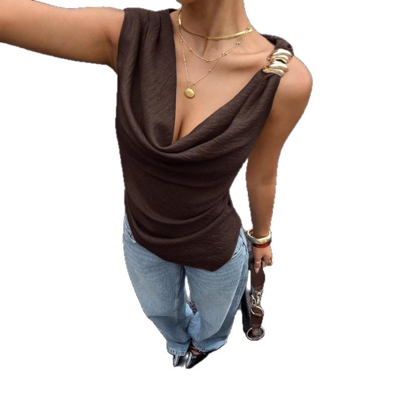 Damen Rollkragen Metallverzierungen Ärmellos Unregelmäßig Lässig Sommer Bluse Tanktop