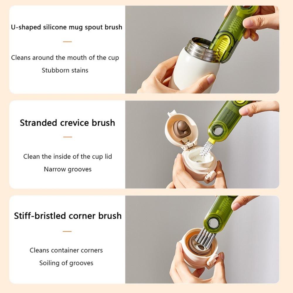 Multifunctional 3 In 1 U-shaped Silicone Cup Bottle Brush Lid Cleaning Tool Groove Gap Rotary Brush Cleaning Brush