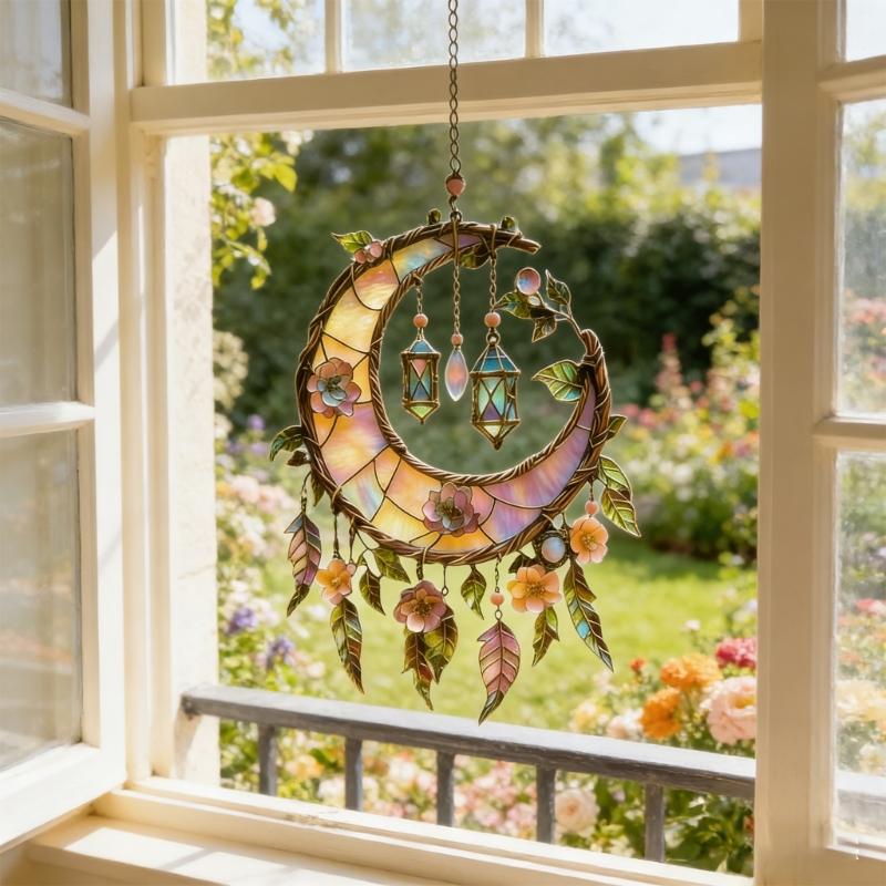 Stained Glass Window Hanging,Crescents Moon Suncatchers with Florals for Door Home Decors Moon Suncatchers Birthday Gift