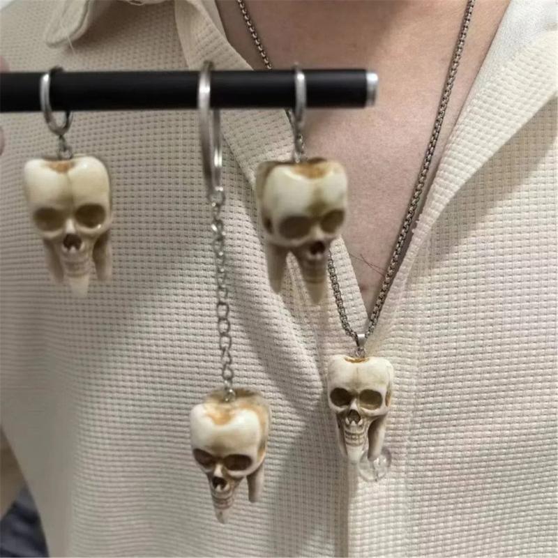 Unisex Skull Accessory Set Skull Necklace Stylish Keychain Drop Earrings Skull Jewelry Set Resin Texture for Halloween