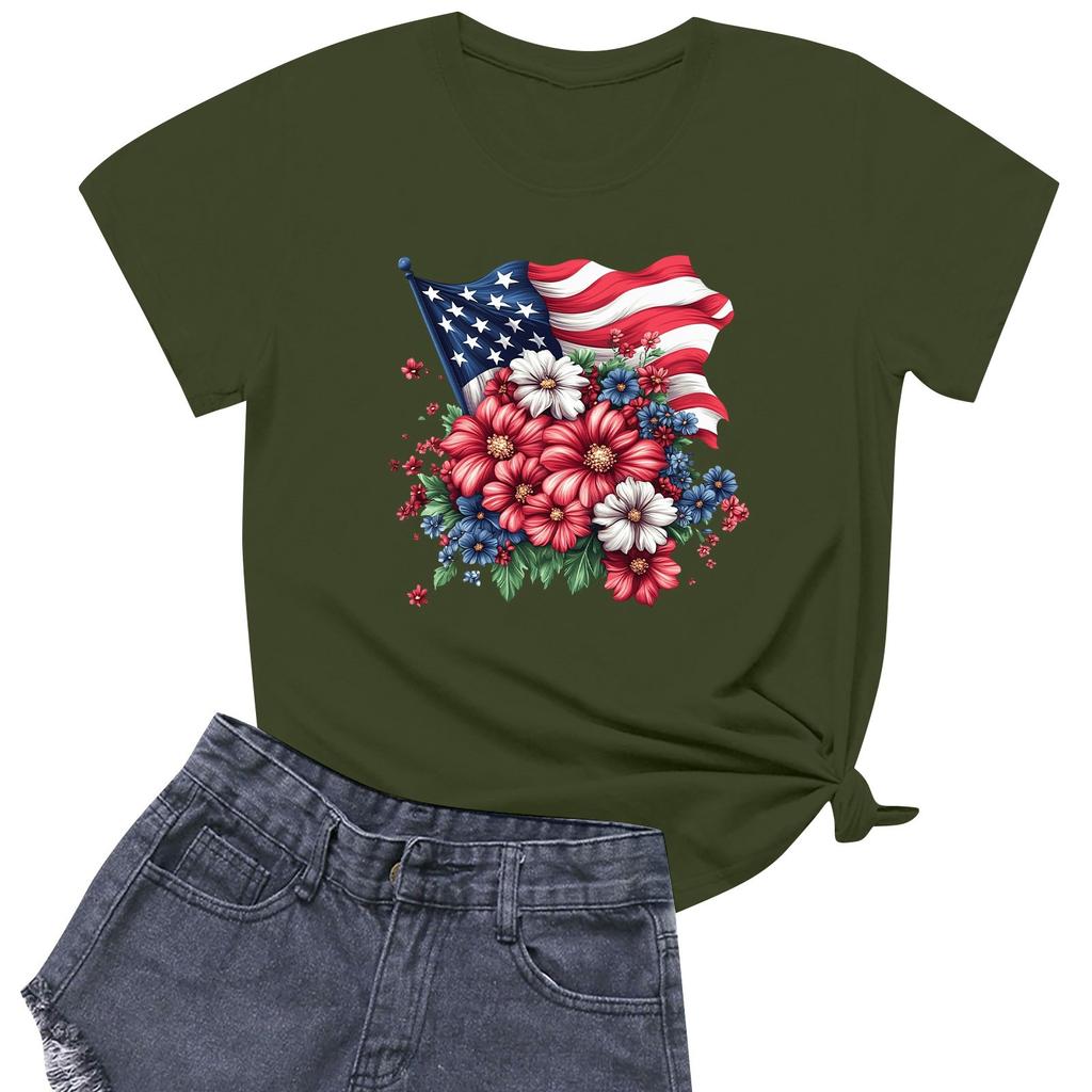 Women's Fashion Independence Day Printed Round Neck Short Sleeved Casual T-shirt Top
