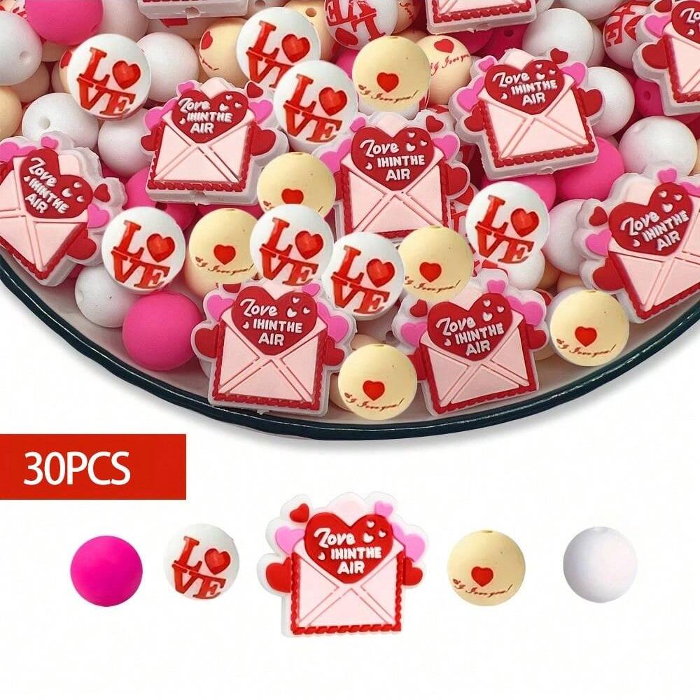 

30PCS Red Valentine s Day silicone beads, DIY jewelry, bracelets, necklaces, keychains, bead pens, etc