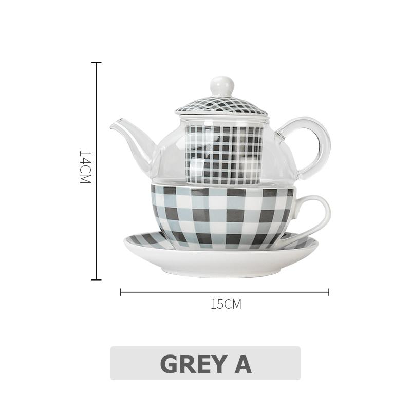 Ceramic Tea for One Set Checkered Design Glass Teapot Fine Bone China Saucer Teacup Tea Strainer Infuser Teaware with Gift Box