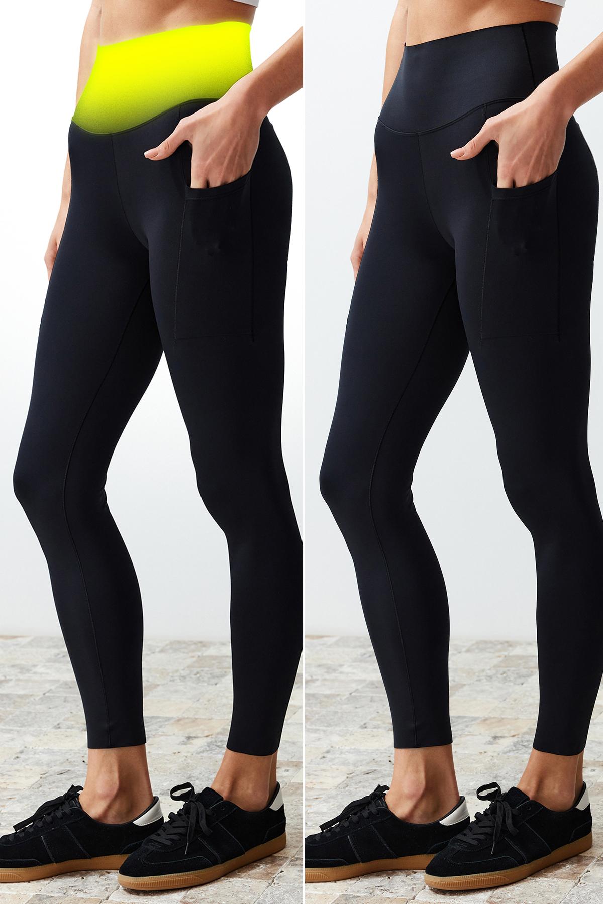 

Женские спортивные колготки, модные, новый сезон, черные, двухслойные, с животом, трикотажные спортивные колготки полной длины