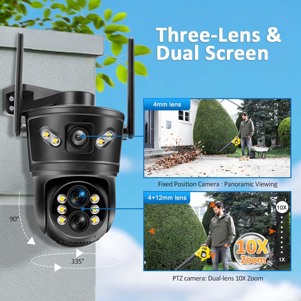 6K 12MP WiFi IP Outdoor Three Lens 10X Zoom PTZ Auto Tracking Home Security Protection 4K Video Camera