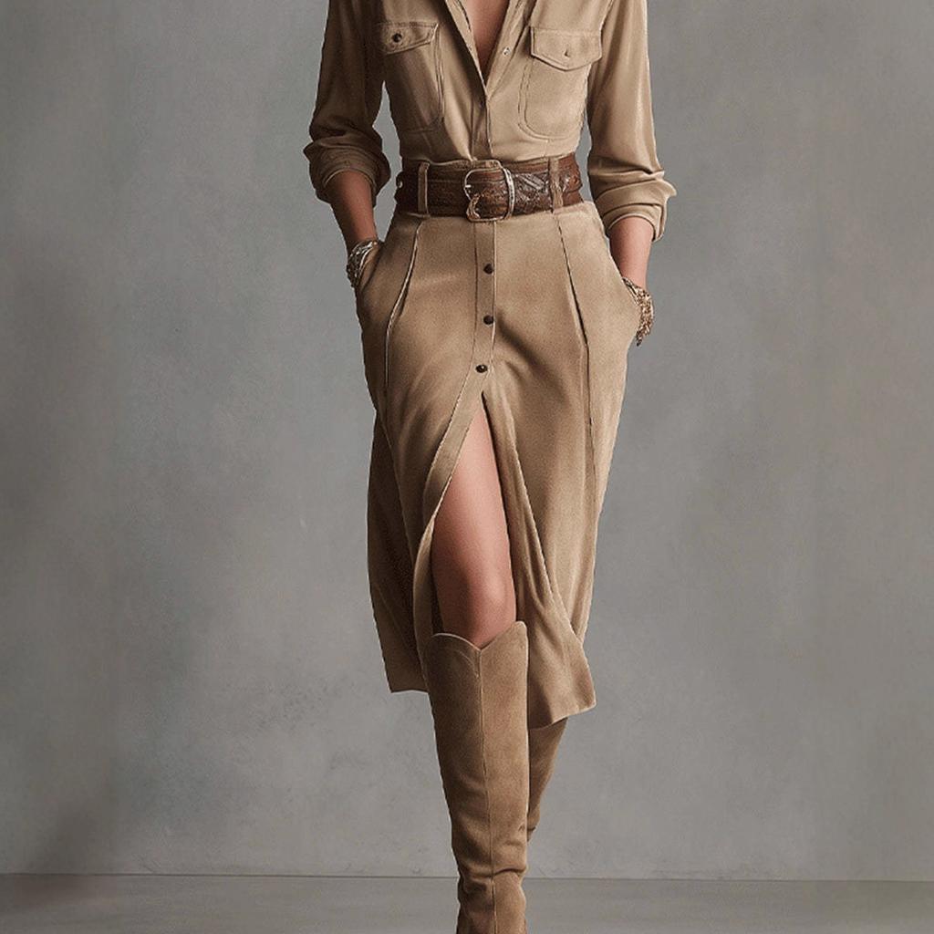 French Retro Solid Suede A-Line Party Dress Woman Lapel Single Breasted Shirt Dress Fall Long Sleeve Pocket Slit Elegant Dresses