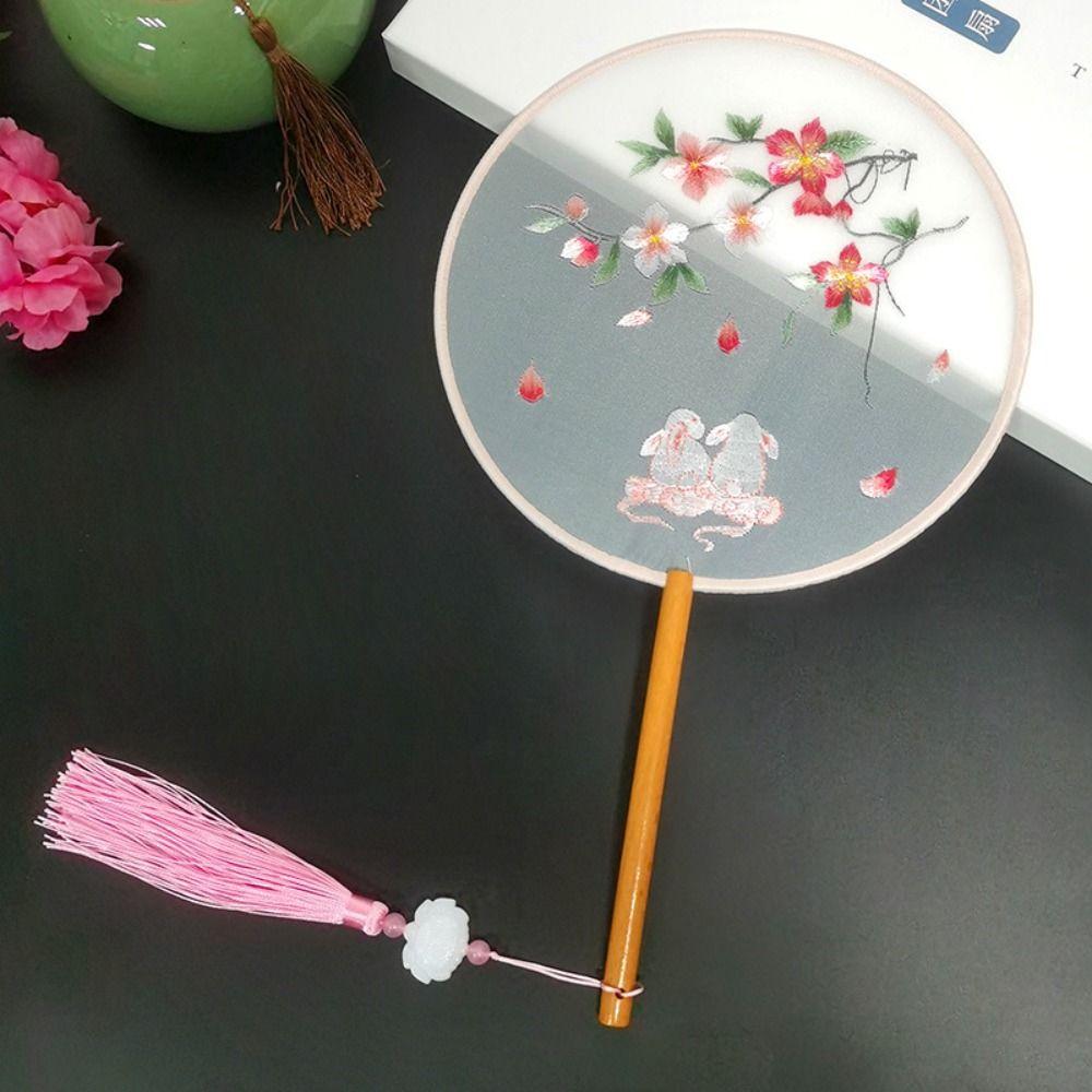 Handheld Embroidery Fan with Pendant Silk Fan Peony Chinese Style Fan Photography Prop
