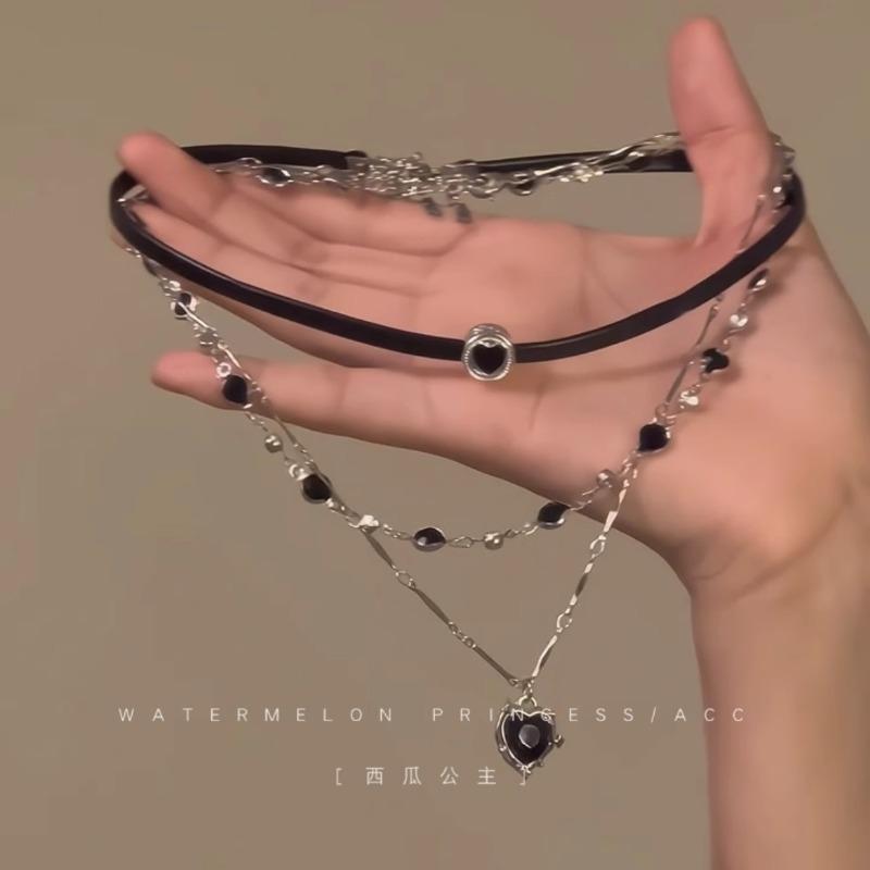 Yk love multi-layer stacked necklace female hottie sweet cool black leather rope chain collarbone chain neck chain collarbone chain