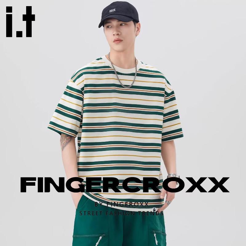 Fingercroxx Men's Striped Color-Blocked Short Sleeve T-Shirt
