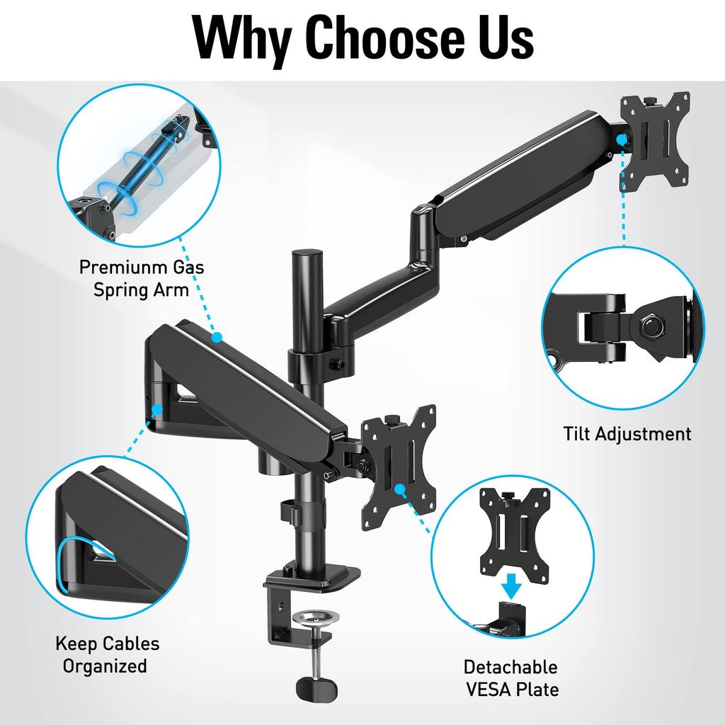 MOUNTUP Monitor Arm LCD Display Arm Gas Spring Compatible with Inches Vertical Load Capacity Grommet Type Clamp Type Pole with Arm Angle Adjustment