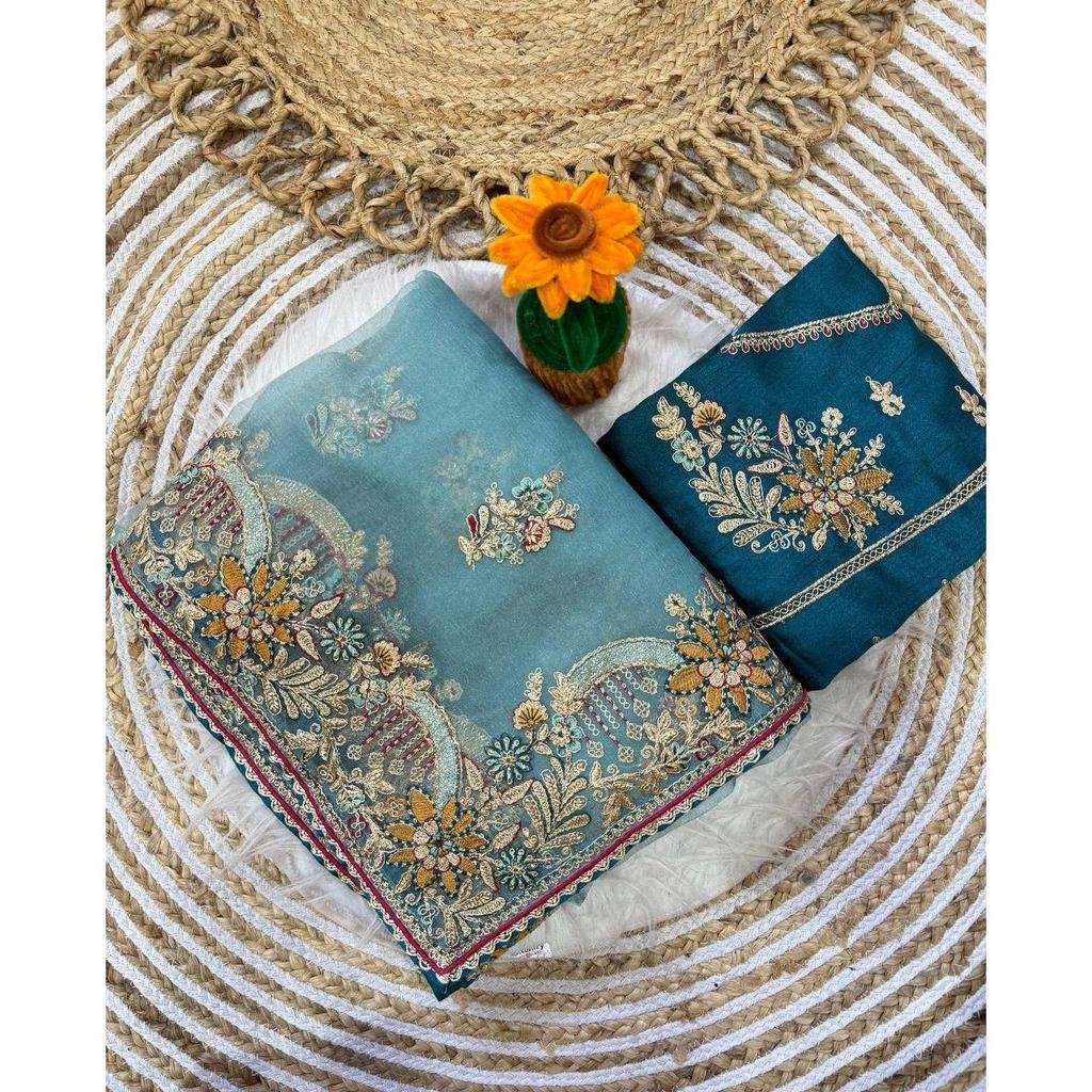 Premium soft zippy silk with c pallu multi thread and zari embroidery work with readymade lace and piping border