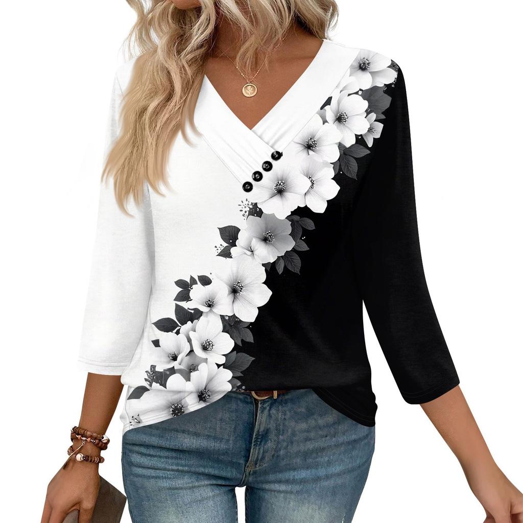 Dames Print Top Knoopsluiting V-hals T-shirt 3/4 Mouw Losse Mode Top