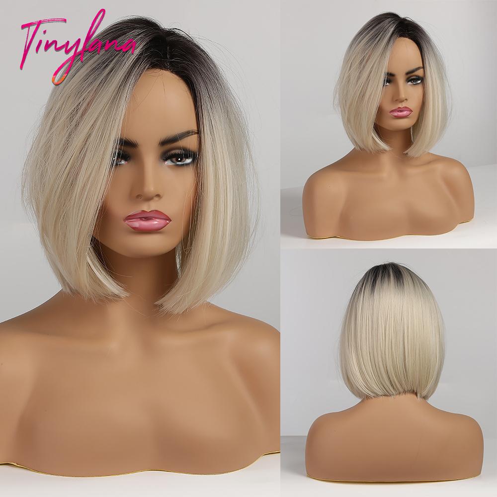 Weiße blonde graue synthetische Perücken mit Pony, kurze gerade Bob-Haarperücke für Frauen, Cosplay, tägliches natürliches Haar, hitzebeständig