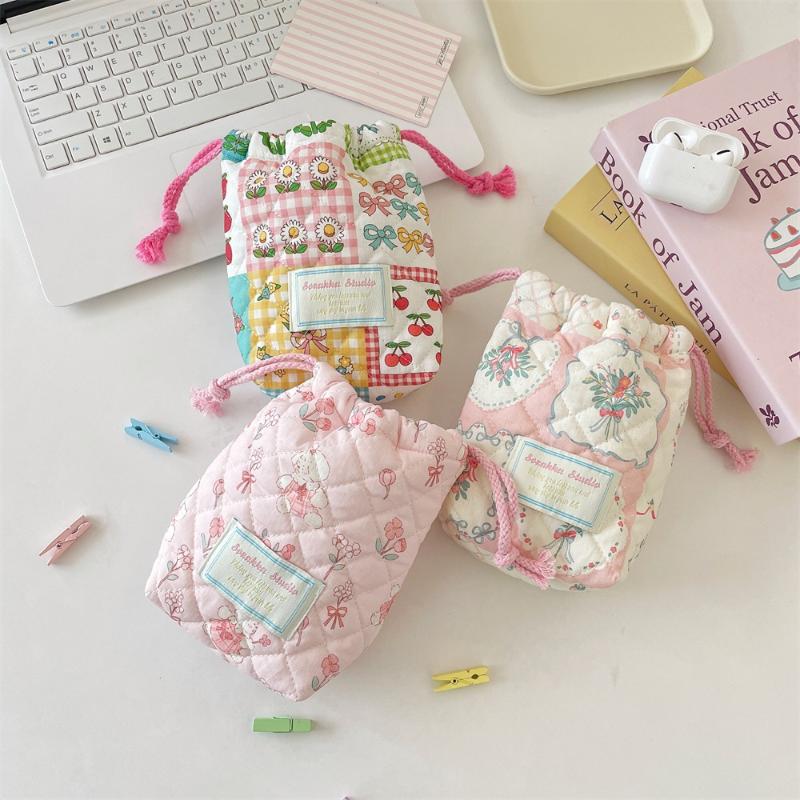 Ins Style Floral Storage Bag Drawstring Drawstring Pocket Soft Cotton Anti Fall Cosmetic Bag Sundry Storage Camera Bag