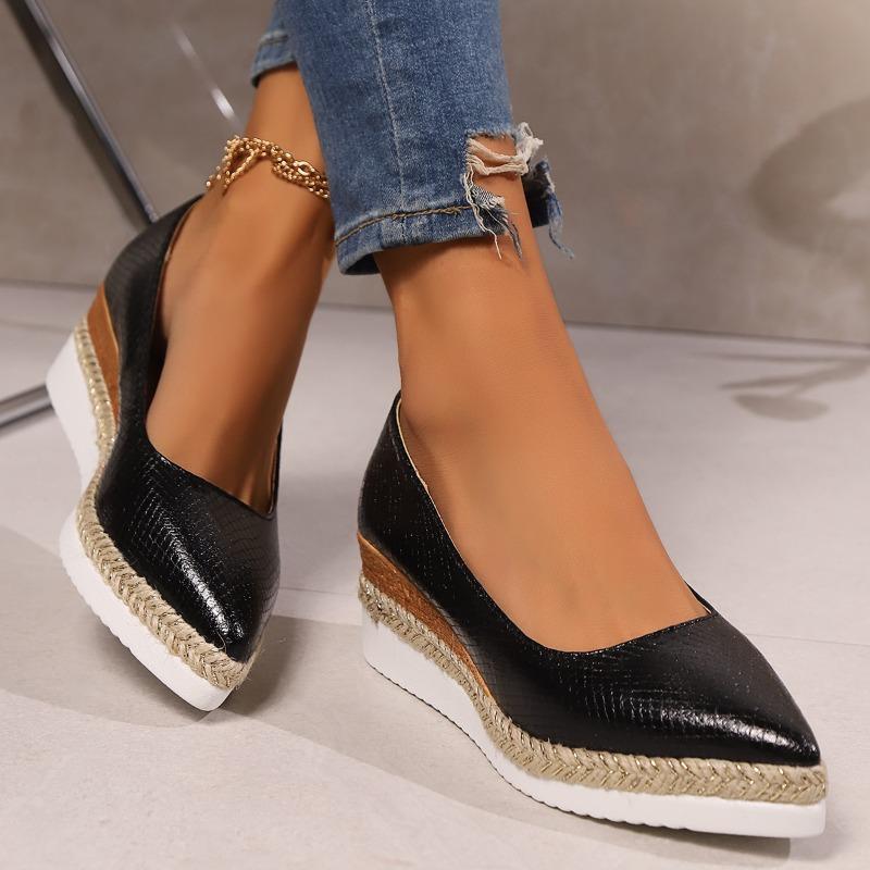 Fashion Pointed Toe Shallow Mouth Single Shoes Women's Spring and Autumn New Hemp Woven Platform Slip-on Wedge Shoes