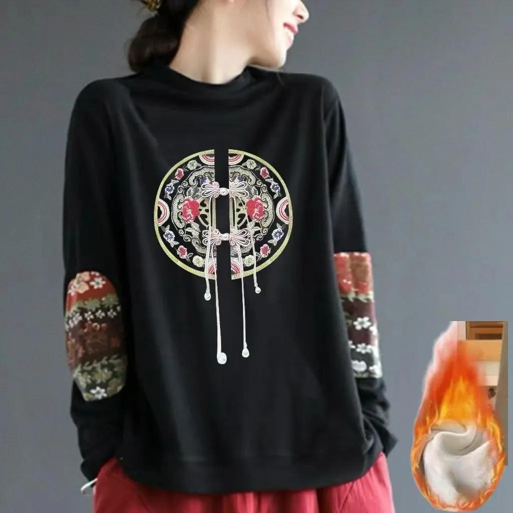 Двусторонний немецкий бархат плюс бархат теплый длинный рукав красный с высоким воротом свободный ретро этнический принт топ база XXXXL чёрный