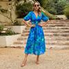 Women's Long Dress2024 Summer Women's Clothing Temperament Waist-Controlled V Neck Print Short Sleeve Dress