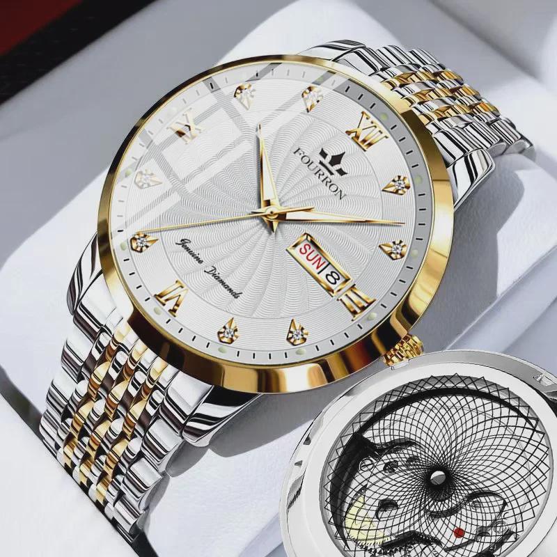 Men's Diamond Quartz Watch with Luminous Double Calendar