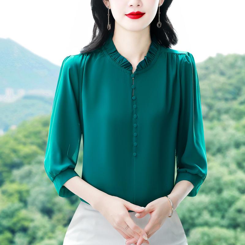Spring Summer Women Tops Patchwork Silk Chiffon Blouse 3/4 Sleeve Elegant Fashion Office Lady Jacquard Shirt Blusa