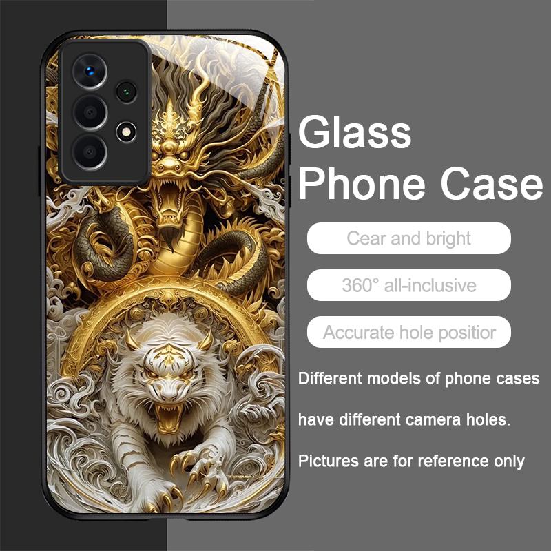 Shiny Golden Dragon and Tiger Pattern Tempered Glass Phone Case for Samsung Galaxy S25 Ultra S24 S23 Plus S22 S21 S20 FE Covers