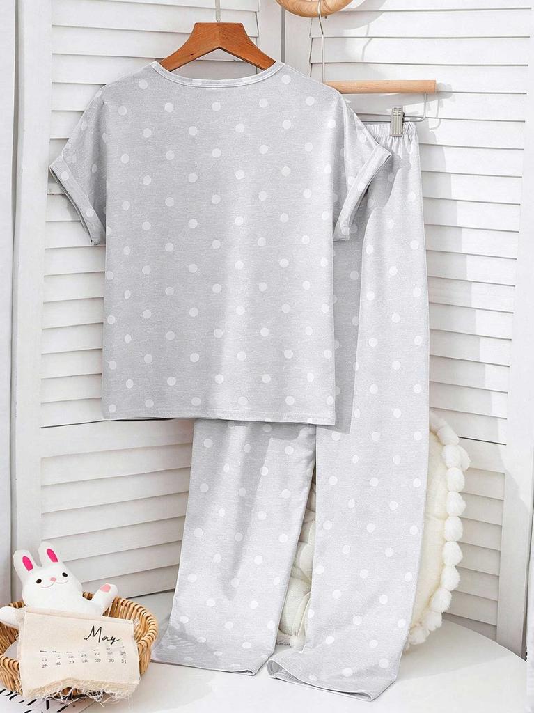 Girls Pajama Set, Cute Rabbit & Polka Dot Short Sleeve Top & Long Pants, Soft Sleepwear for 8-12 Years