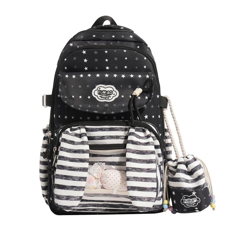 Cute Bunny Ear School Backpack with Clear Front Pocket Top Handle Casual Daypack for Girls Daily Use
