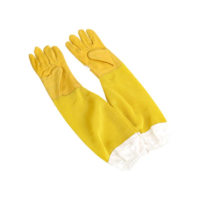 Beekeeping Protective Gloves, Beekeeper Sleeves Breathable Anti Bee Cloth, Apiculture Sheepskin Long Yellow Mesh Gloves 1Pair
