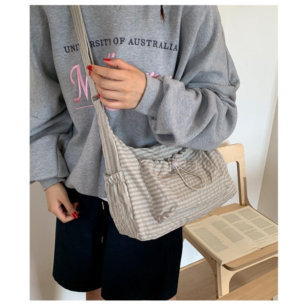 Składana torebka damska z regulowanym paskiem crossbody/na ramię i plisowanym designem z wieloma kieszeniami - Szkolna torba na książki w kratkę i paski