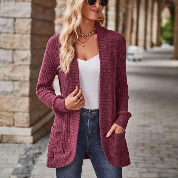 

Ladies Long Sleeve Solid Color Cardigan Sweater Coat Top for Women XXL винний