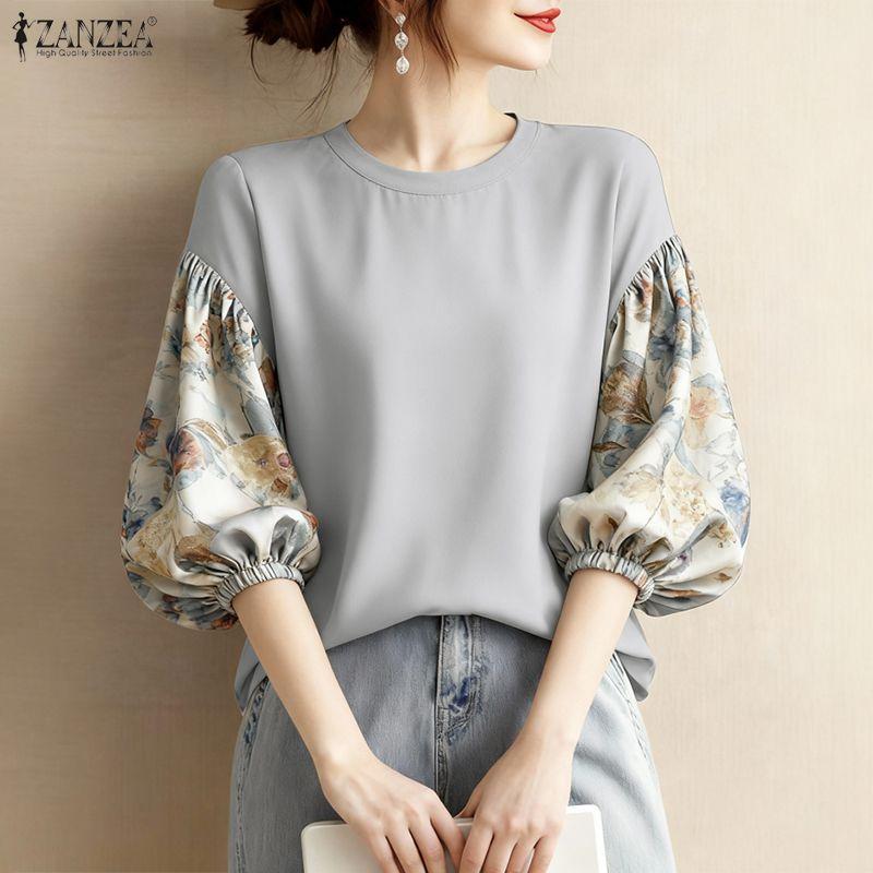 ZANZEA Women Print Splice 3/4 Sleeve Loose Casual O-neck Blouse