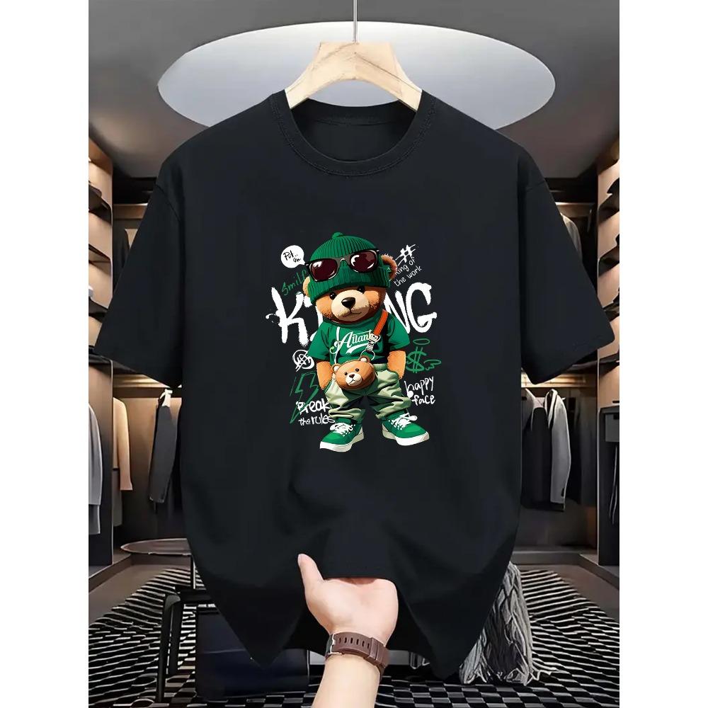 Herren Sommer 100 Baumwolle Modisch Lässig Locker Großes Geometrisches Bärenmuster Bedruckt Sport Rundhals Kurzarm T-Shirt Top