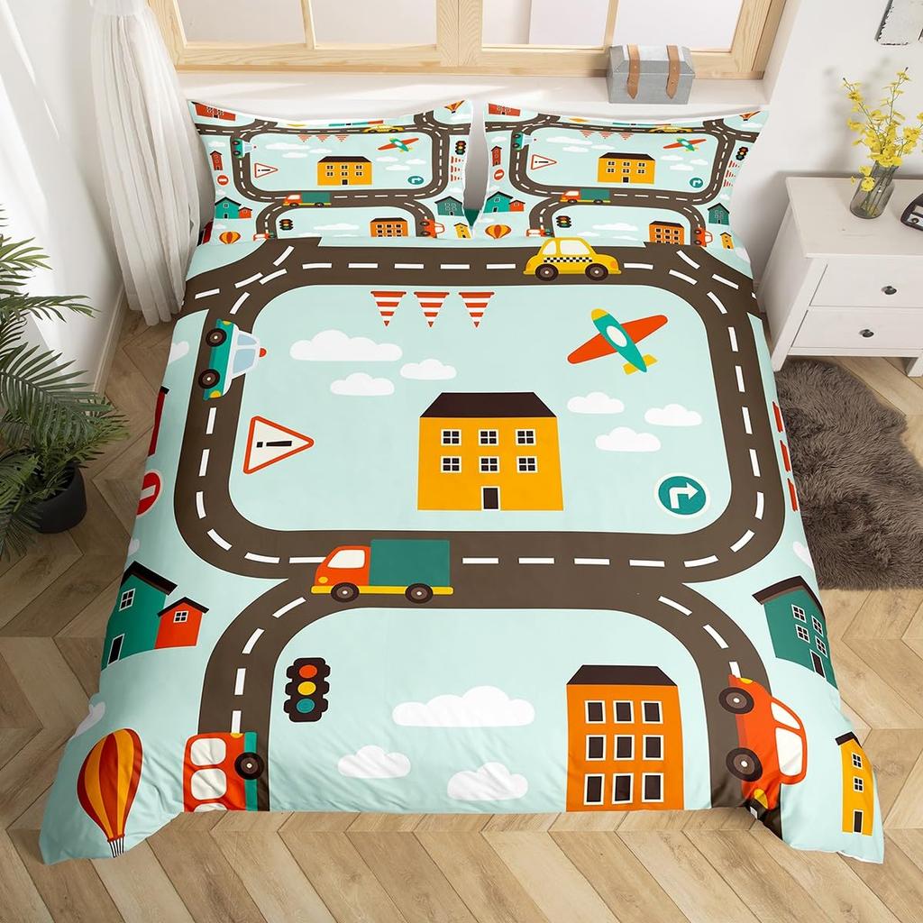 Racing Car Track Duvet Cover Queen for Kids Boys,Construction Vehicle Grey Bedding Set Red Cars Road Traffic Quilt Cover 3 Pcs