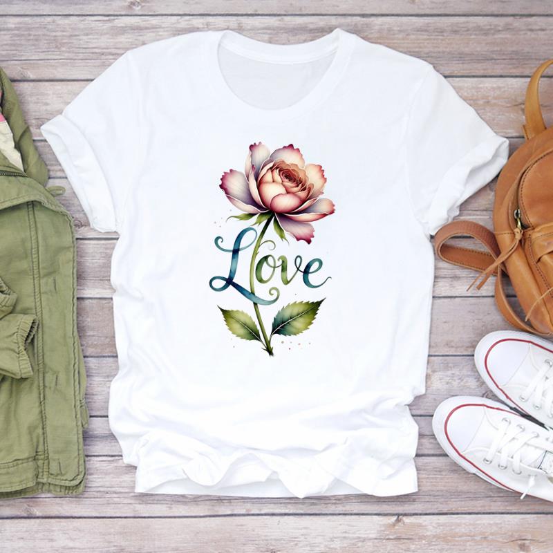 (Asian Size) Printed watercolor flower style Women Tee Lady Female Clothing T Shirt  Casual Fashion Top Graphic Short Sleeve T-shirts