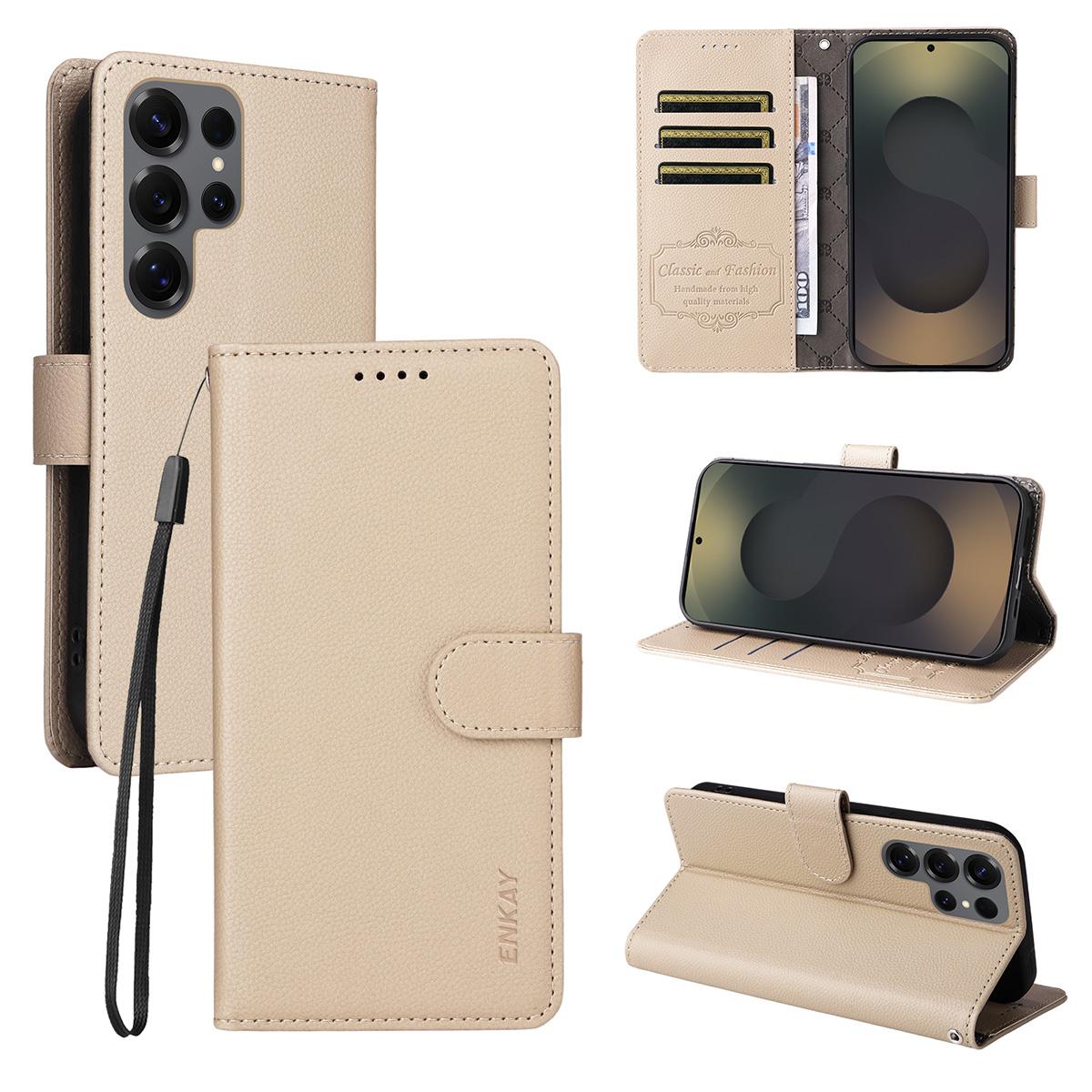 

For Samsung Galaxy S24 Ultra Wallet Case with Strap RFID Blocking Leather Stand Phone Cover Beige