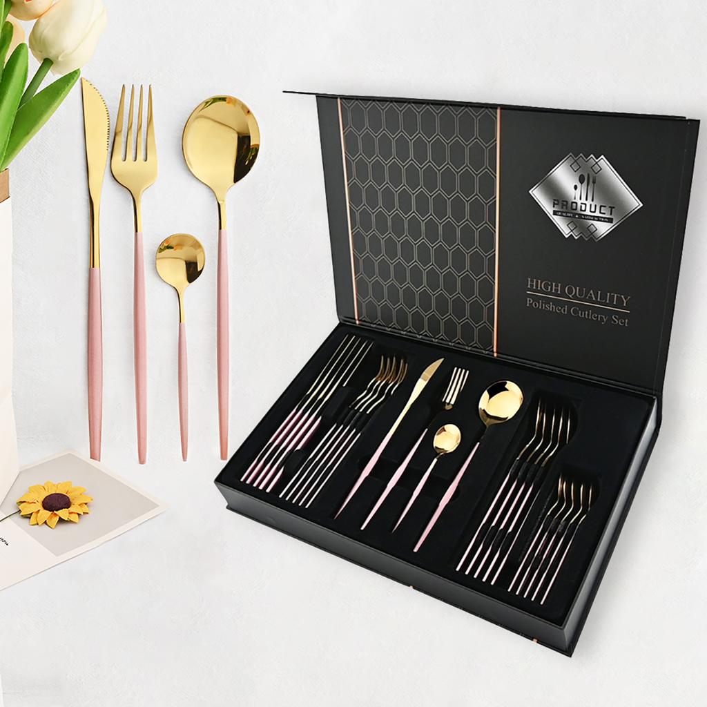 24pcs Pink Gold Dinnerware Set Knife Forks Spoon Cutlery Set with Gift Box Stainless Steel Spoon Flatware Kitchen Tableware