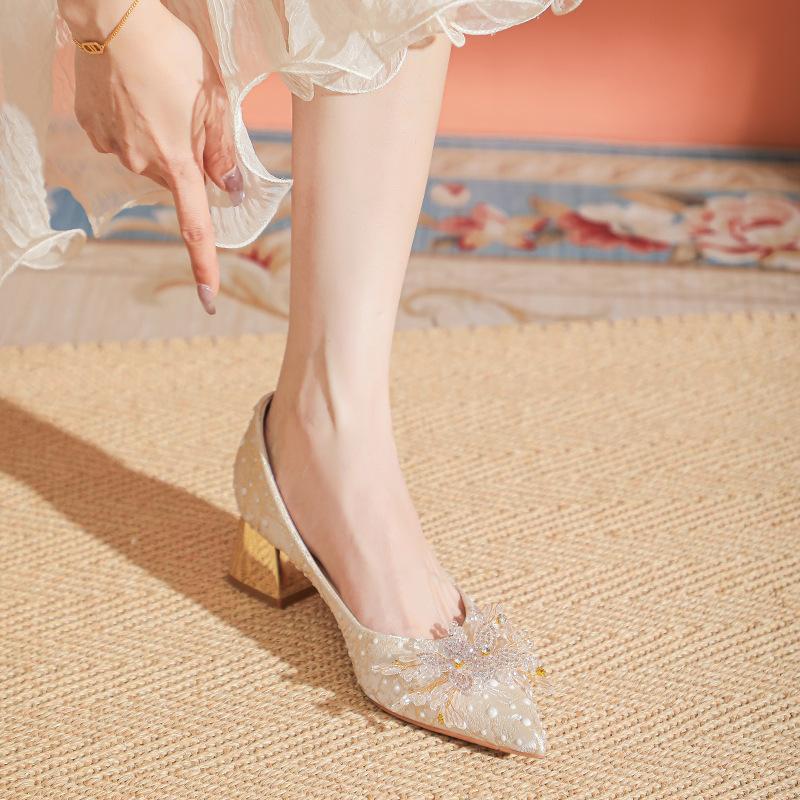 Rhinestone Butterfly Large Size Wedding Shoes Temperament Shallow Mouth High Heels Women Thick Heels Not Tired Feet Single Shoes Women