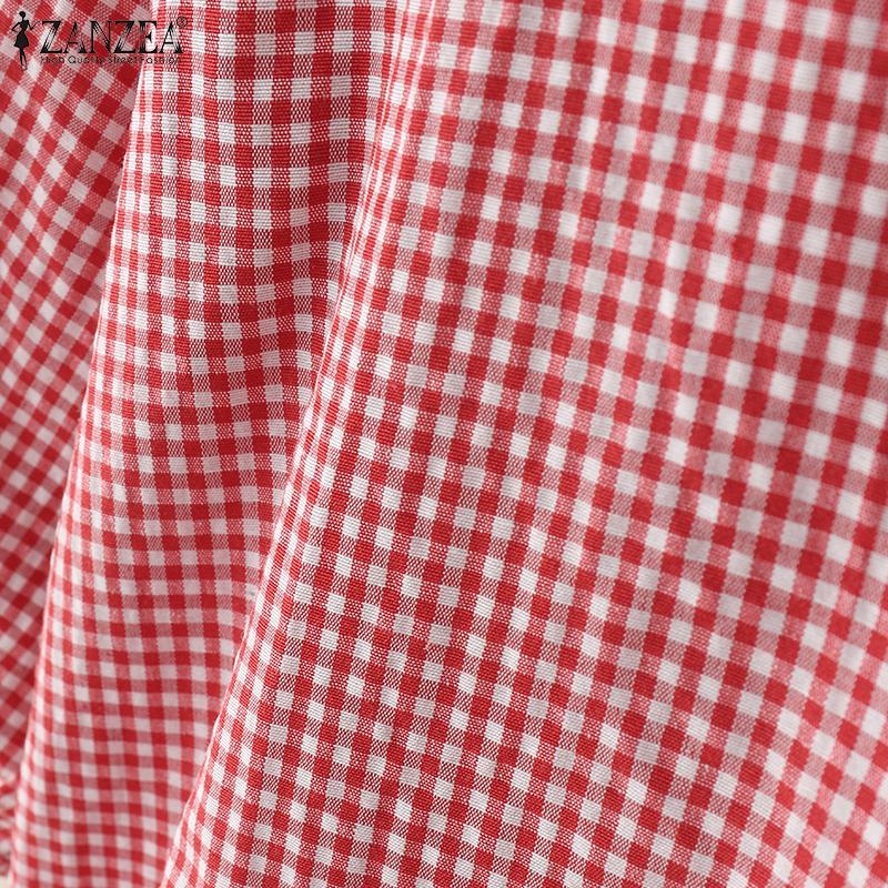 ZANZEA Women Vintage Round Neck 3/4 Sleeves Loose Plaid Blouses