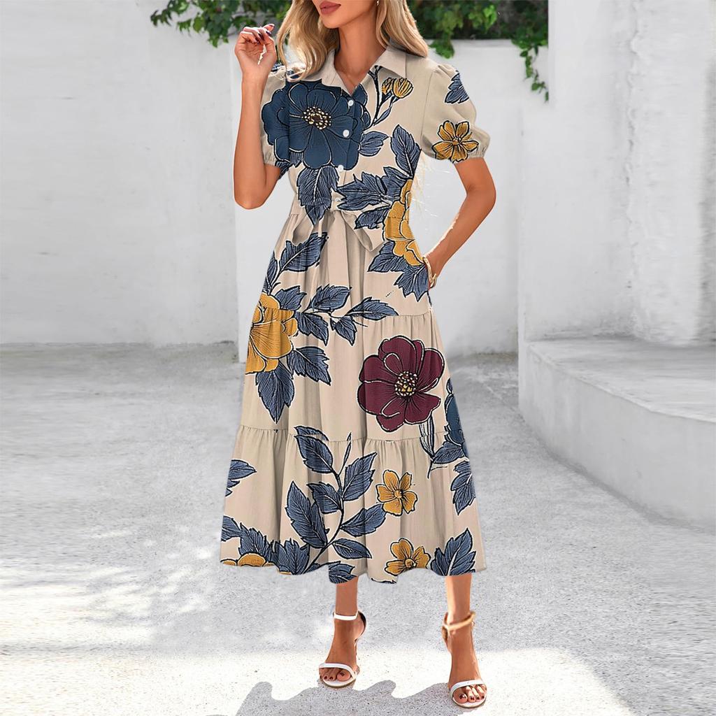 Womens Summer Dresses Short Sleeve Button Tie Waist Boho Flowy Maxi Dress