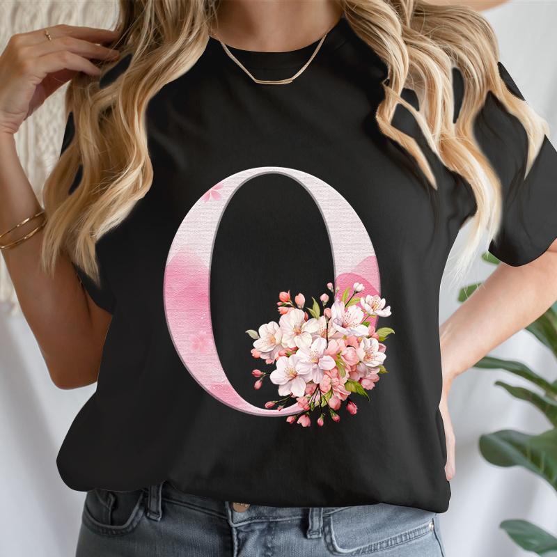 Y2k Cherry Blossom Letter Az Tshirts Unisex Pink Floral Aesthetic Alphabet Tees Short Sleeve Boho Chic Tops Mama Gifts Tshirts