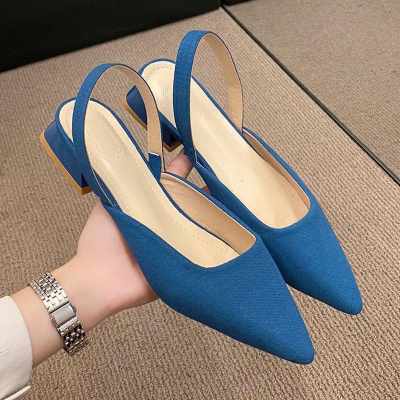 Vår Sommar Klackar Dammode Spetsig Tå Pumps Slingbacks Sandaler Bekväma Liten Klack Slip-on Skor Dam Vardagsskor