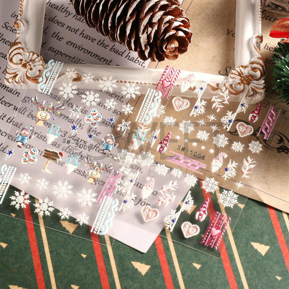 5D reliéfní vánoční samolepky na nehty obtisky sněhové vločky jelení zvonky mušle hvězdice zimní dekorace na nehty