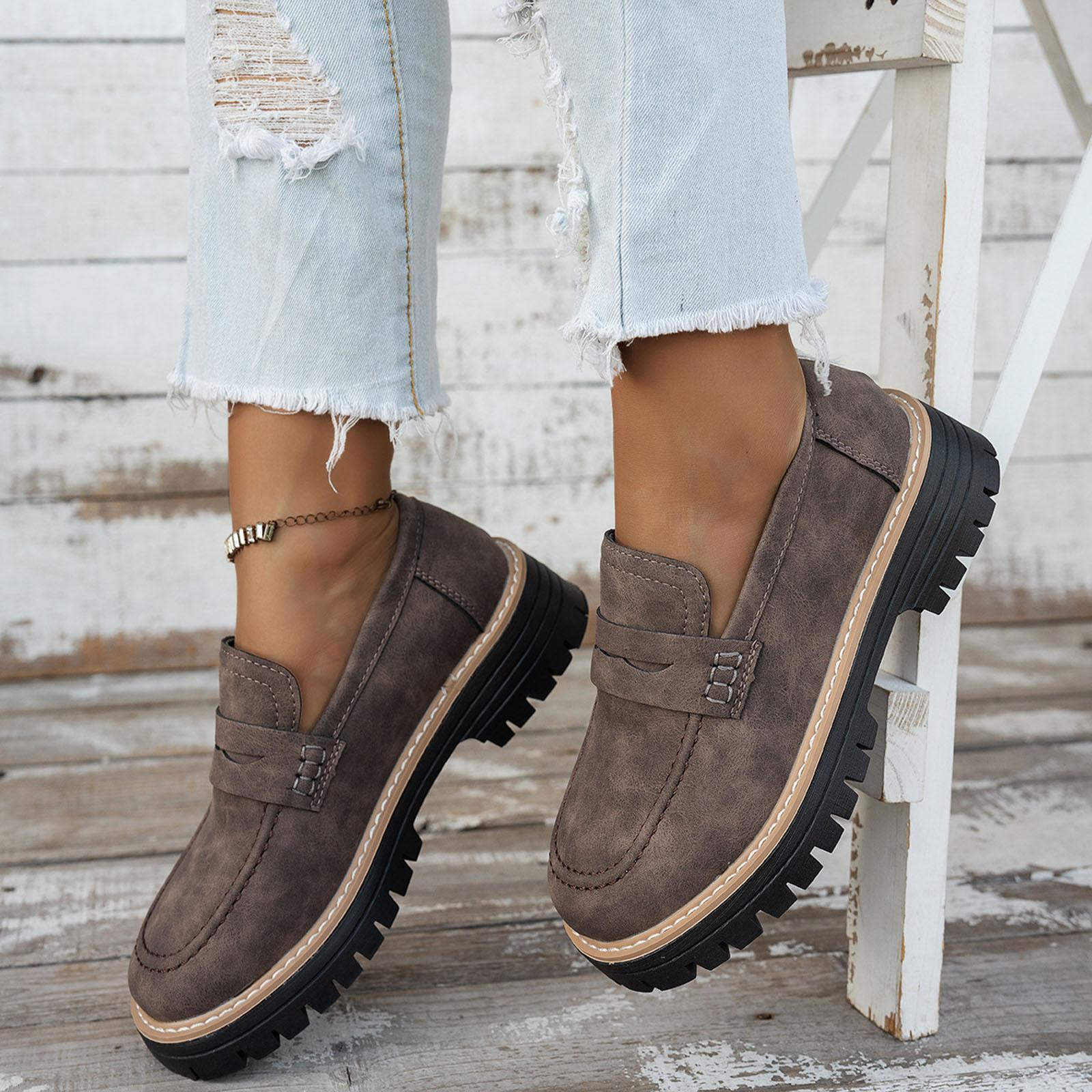 

Chunky Heel Round Toe Leather Loafers Fashionable And Casual Slip British Casual Shoes Womens Business Casual Shoes Wide 36 кавовий
