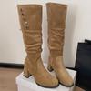 Queen Fan Black Retro Thick Heel Height Boots Women's Boots 2025 New Autumn Skinny Knight Boots