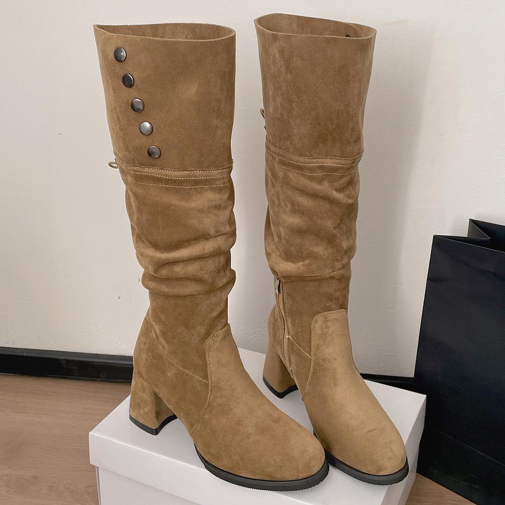 Queen Fan Black Retro Thick Heel Height Boots Women's Boots 2025 New Autumn Skinny Knight Boots