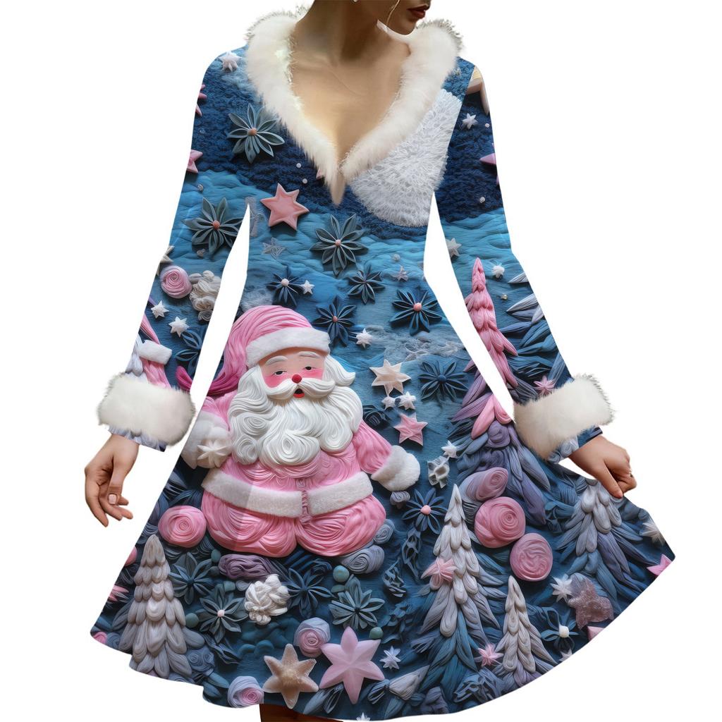 Women's Casual V-neck Christmas Print Plush Long-Sleeve Casual Dress