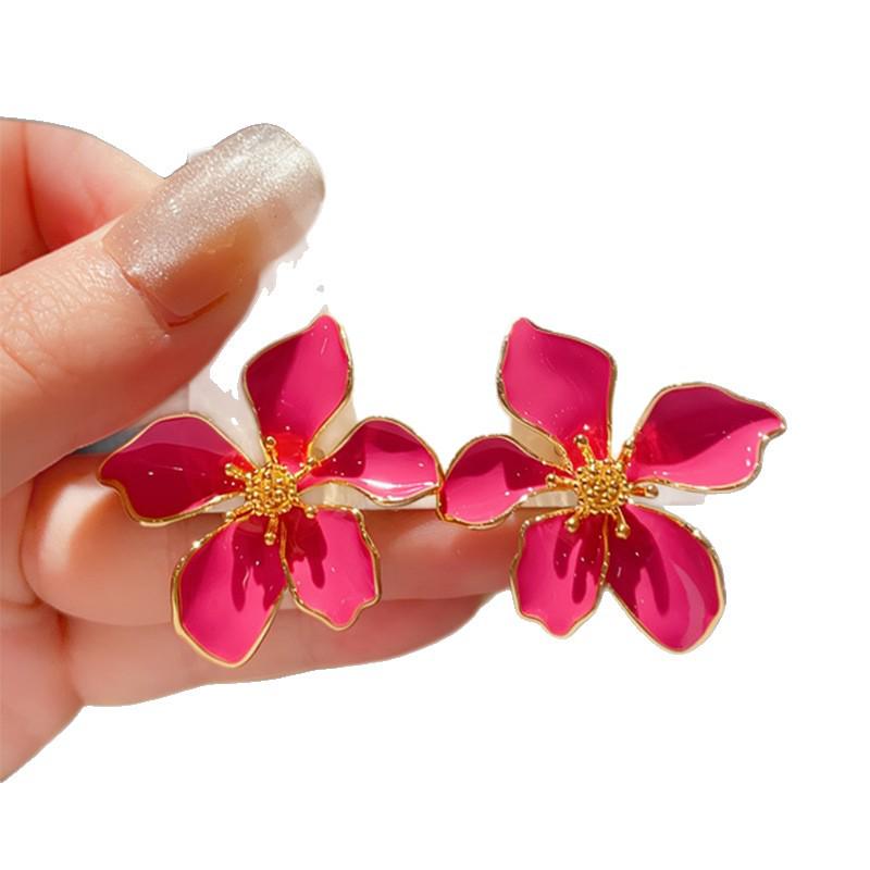 Elegant Rose Red Enamel Drip Flower Earrings for Women - Retro, Bold, and Stylish Stud Ear Ornaments