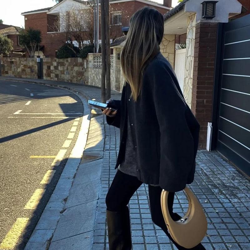 Women Fashion Vintage Pockets Woolen Jacket Autumn Casual Solid Long Sleeve Coat Snap Button Loose Outerwear